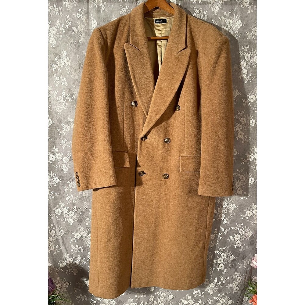 Vintage Camel Wool Long Overcoat Double Breasted 80s 90s Quiet Luxury Mens 44